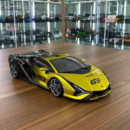 Bburago 1/18 Lamborghini Sián FKP 37 #63 Diecast Model Yellow Black - detailed collector display model