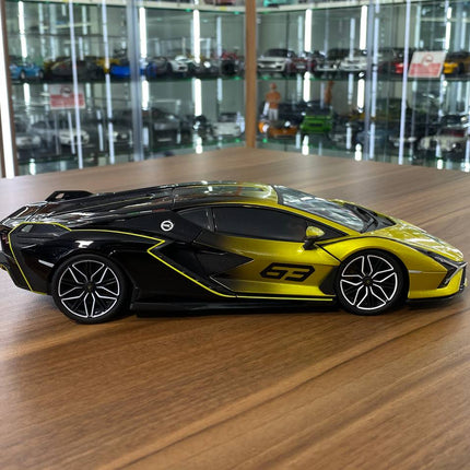 Bburago 1/18 Lamborghini Sián FKP 37 #63 Diecast Model Yellow Black - studio product photo of the scale model