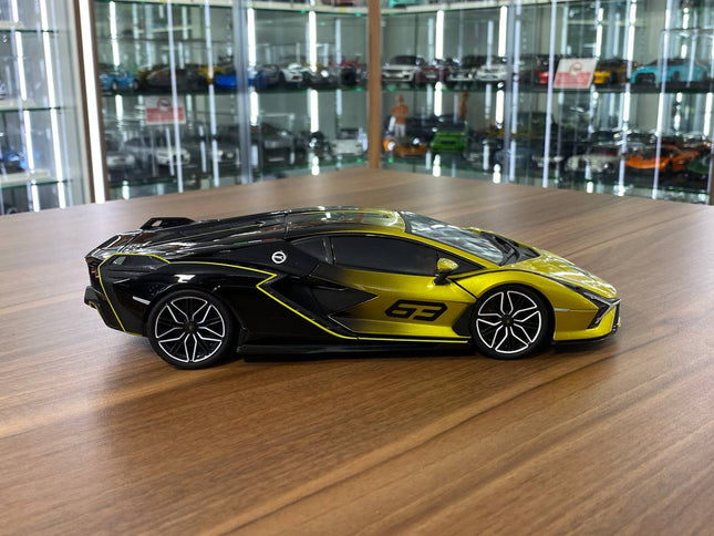 Bburago 1/18 Lamborghini Sián FKP 37 #63 Diecast Model Yellow Black - studio product photo of the scale model