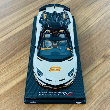 MR Collection 1/18 Lamborghini Aventador Roadster SVJ #63 Resin Model White/Orange - showroom-quality model replica