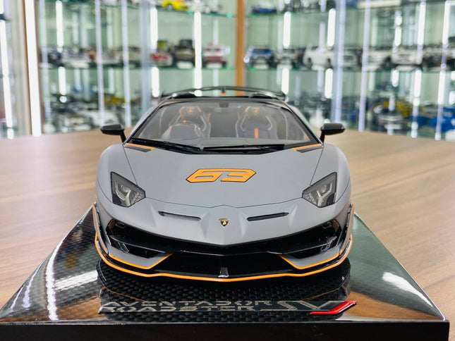 MR Collection 1/18 Lamborghini Aventador Roadster SVJ Matt Grey/Orange Resin Model - studio product photo of the scale model
