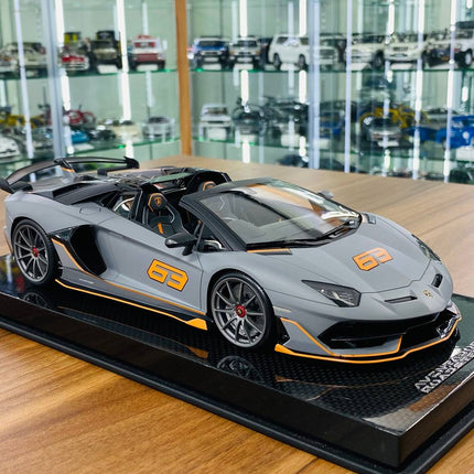 MR Collection 1/18 Lamborghini Aventador Roadster SVJ Matt Grey/Orange Resin Model - detailed collector display model