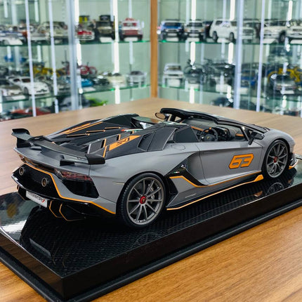 MR Collection 1/18 Lamborghini Aventador Roadster SVJ Matt Grey/Orange Resin Model - fine detailed model replica