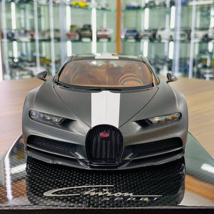 MR Collection 1:18 Bugatti Chiron Sport Resin Model Matt Grey White - studio product photo of the scale model