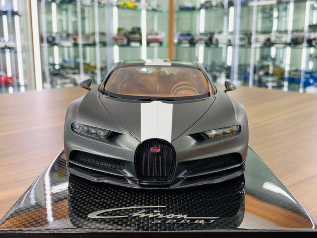 MR Collection 1:18 Bugatti Chiron Sport Resin Model Matt Grey White - studio product photo of the scale model