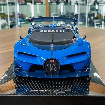 MR Collection Bugatti Vision Gran Turismo 1/18 Resin Model Light Blue Sport Racing Carbon - studio product photo of the scale