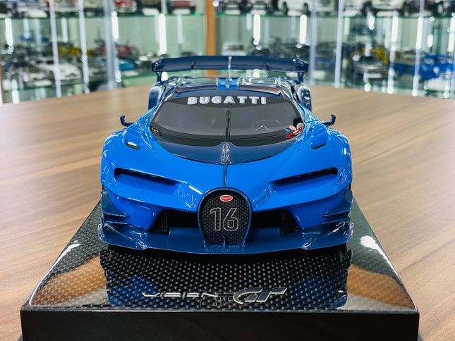 MR Collection Bugatti Vision Gran Turismo 1/18 Resin Model Light Blue Sport Racing Carbon - studio product photo of the scale