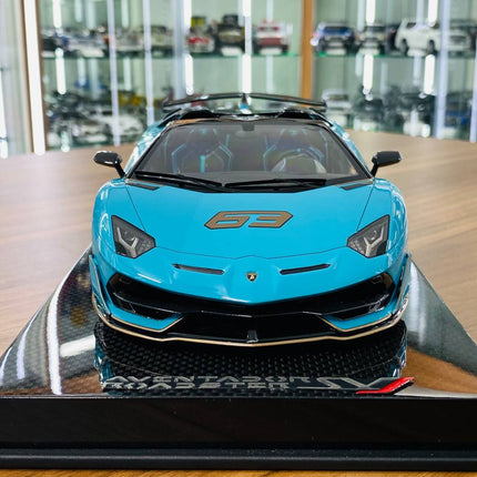 MR Collection Lamborghini Aventador Roadster SVJ #63 1:18 Blue/Grey 63 Resin Car - showroom-quality model replica