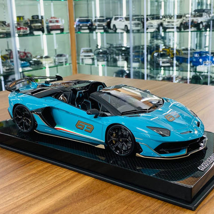 MR Collection Lamborghini Aventador Roadster SVJ #63 1:18 Blue/Grey 63 Resin Car - detailed collector display model