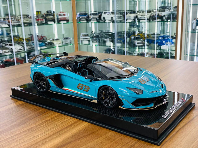 MR Collection Lamborghini Aventador Roadster SVJ #63 1:18 Blue/Grey 63 Resin Car - detailed collector display model