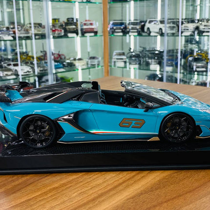 MR Collection Lamborghini Aventador Roadster SVJ #63 1:18 Blue/Grey 63 Resin Car - studio product photo of the scale model