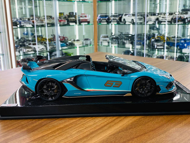 MR Collection Lamborghini Aventador Roadster SVJ #63 1:18 Blue/Grey 63 Resin Car - studio product photo of the scale model