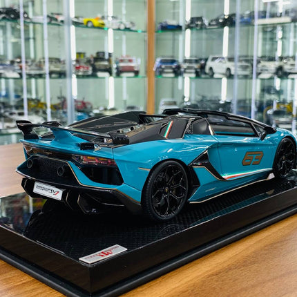 MR Collection Lamborghini Aventador Roadster SVJ #63 1:18 Blue/Grey 63 Resin Car - collectible scale model car