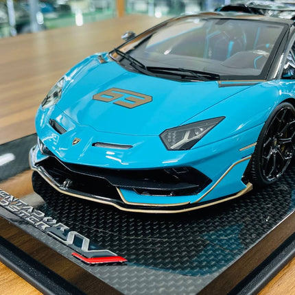 MR Collection Lamborghini Aventador Roadster SVJ #63 1:18 Blue/Grey 63 Resin Car - detailed die-cast style model