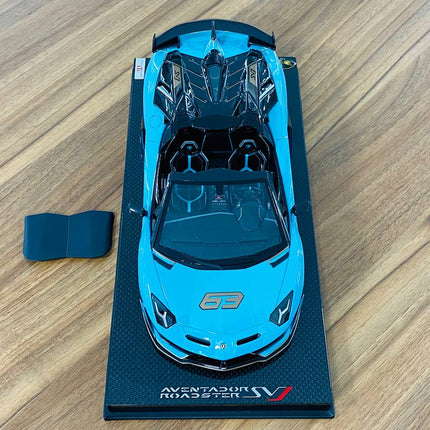 MR Collection Lamborghini Aventador Roadster SVJ #63 1:18 Blue/Grey 63 Resin Car - collector edition scale model