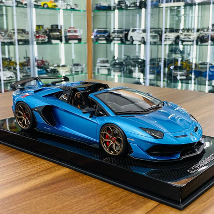MR Collection 1/18 Lamborghini Aventador Roadster SVJ Resin Blue Limited Edition - detailed collector display model