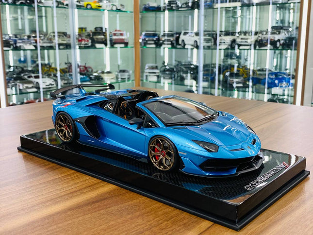MR Collection 1/18 Lamborghini Aventador Roadster SVJ Resin Blue Limited Edition - detailed collector display model