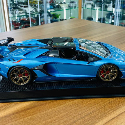 MR Collection 1/18 Lamborghini Aventador Roadster SVJ Resin Blue Limited Edition - collectible scale model car