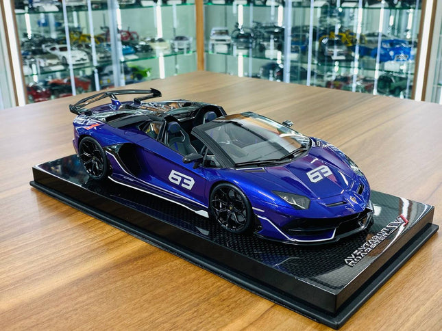 MR Collection 1/18 Lamborghini Aventador Roadster SVJ #63 Purple/Grey Resin Model - detailed collector display model