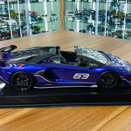 MR Collection 1/18 Lamborghini Aventador Roadster SVJ #63 Purple/Grey Resin Model - studio product photo of the scale model