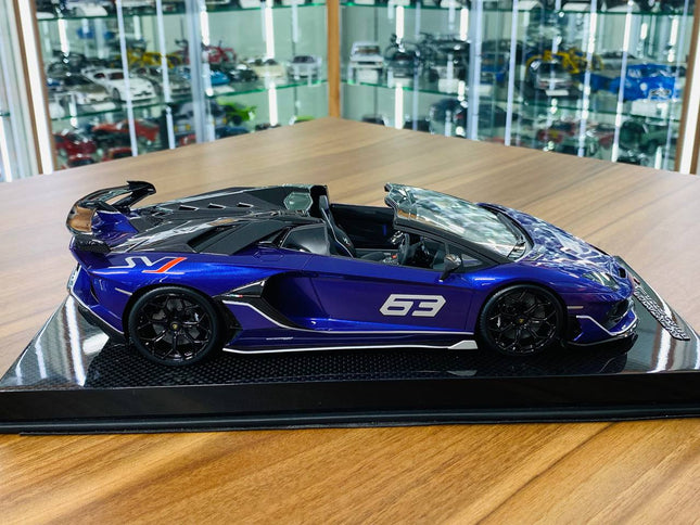 MR Collection 1/18 Lamborghini Aventador Roadster SVJ #63 Purple/Grey Resin Model - studio product photo of the scale model