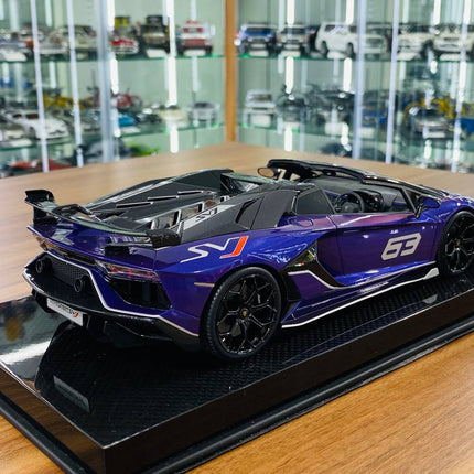 MR Collection 1/18 Lamborghini Aventador Roadster SVJ #63 Purple/Grey Resin Model - detailed die-cast style model