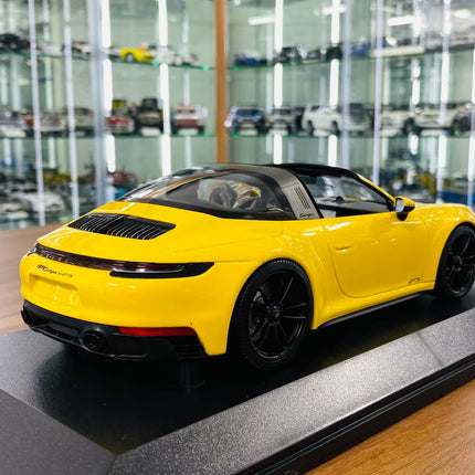 Minichamps 1/18 Porsche 911 (992) Targa 4 GTS 2021 Yellow Resin Model Car - showroom-quality model replica