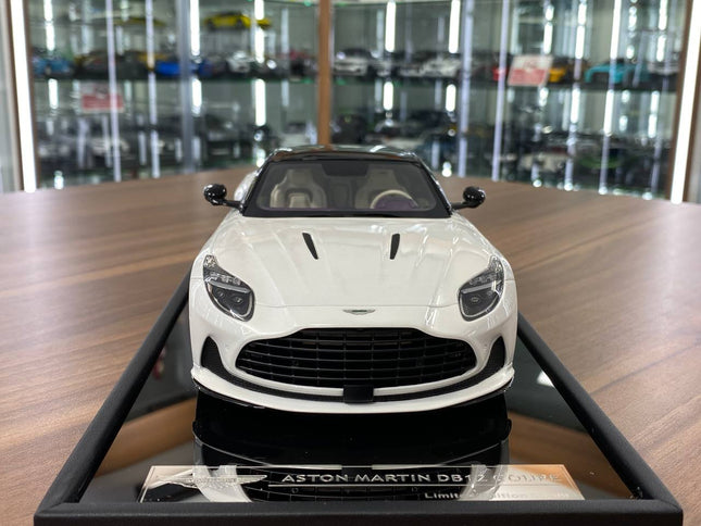 MotorHelix 1/18 Resin Aston Martin DB12 Coupe Zenith White - studio product photo of the scale model