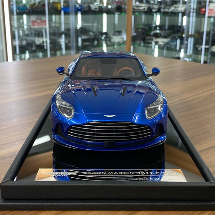 MotorHelix 1/18 Resin Aston Martin DB12 Coupe Ion Blue Limited Edition - studio product photo of the scale model