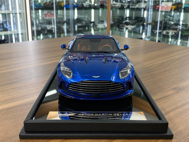 MotorHelix 1/18 Resin Aston Martin DB12 Coupe Ion Blue Limited Edition - studio product photo of the scale model