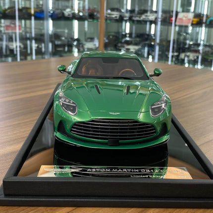 MotorHelix 1/18 Aston Martin DB12 Coupe Resin Model Iridescent Emerald Limited 199 - studio product photo of the scale model