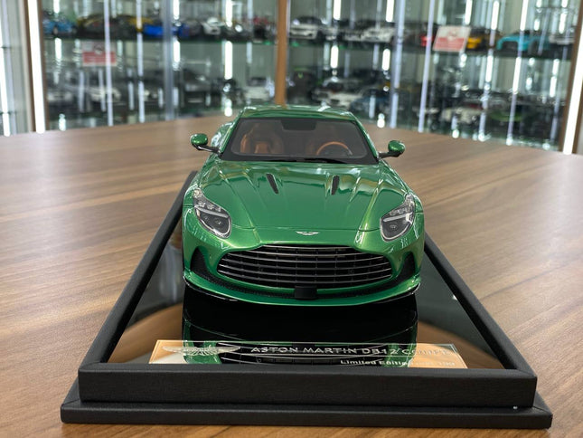 MotorHelix 1/18 Aston Martin DB12 Coupe Resin Model Iridescent Emerald Limited 199 - studio product photo of the scale model