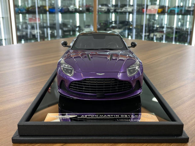 MotorHelix 1/18 Resin Aston Martin DB12 Coupe Digital Violet Limited 99pcs - studio product photo of the scale model