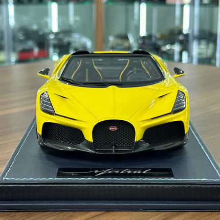 MR Collection Bugatti W16 Mistral 1:18 Yellow Resin Model Car - studio product photo of the scale model