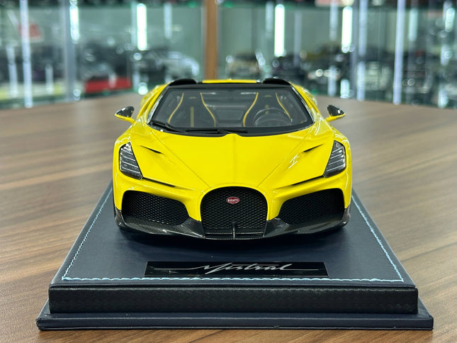 MR Collection Bugatti W16 Mistral 1:18 Yellow Resin Model Car - studio product photo of the scale model
