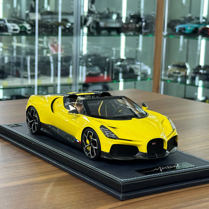 MR Collection Bugatti W16 Mistral 1:18 Yellow Resin Model Car - detailed collector display model