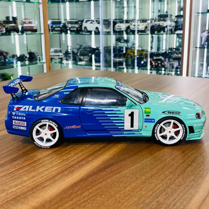 Solido Nissan Skyline GT-R R34 2001 Falcon #1 1/18 Diecast Model Car Falcon Blue - scale model for display