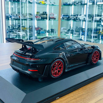 Minichamps Porsche 911 992 GT3 RS 2023 1:18 Black with Red Wheels Diecast Model - scale model for display