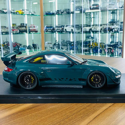 GT Spirit Porsche RWB SYUNKASHUTO 1/18 Green Resin Model - studio product photo of the scale model