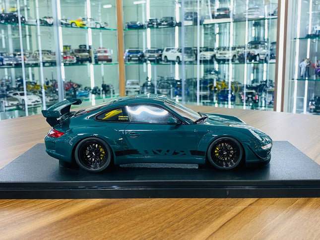 GT Spirit Porsche RWB SYUNKASHUTO 1/18 Green Resin Model - studio product photo of the scale model