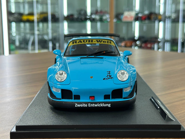 Solido 1/18 Diecast Porsche 911 (993) RWB Shingen 2018 Blue - studio product photo of the scale model