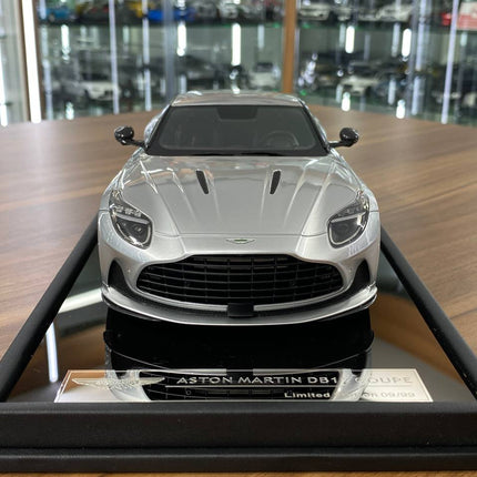 MotorHelix 1/18 Aston Martin DB12 Coupe Lightning Silver Resin Model Limited Edition 99 Pcs - studio product photo of the sca