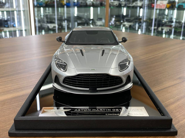 MotorHelix 1/18 Aston Martin DB12 Coupe Lightning Silver Resin Model Limited Edition 99 Pcs - studio product photo of the sca