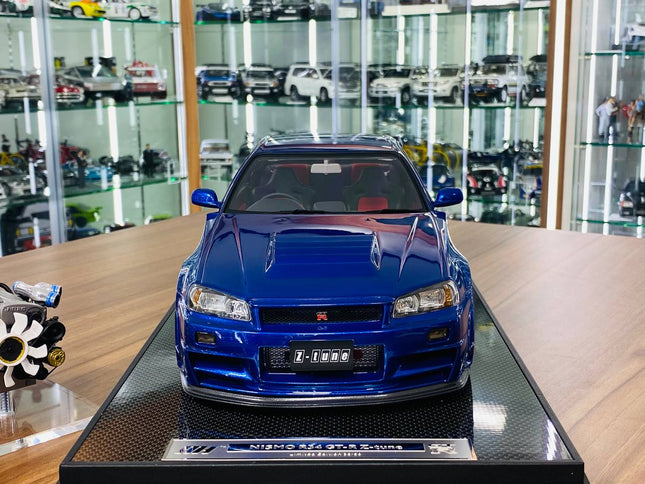 Nissan Skyline GT-R R34 Nismo Z-Tune 1/12 Resin Model Blue Motor Helix - studio product photo of the scale model