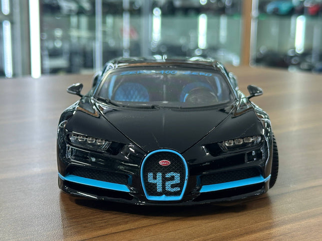 Bburago Chiron Zero 400 Zero 1:18 Diecast Car Black Blue - studio product photo of the scale model