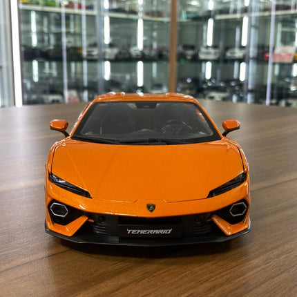 Bburago Lamborghini Temerario 1/18 Orange Diecast Model Car - Full Opening - studio product photo of the scale model