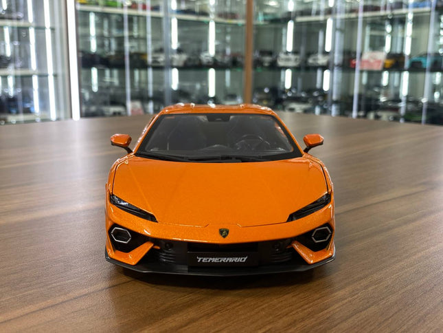Bburago Lamborghini Temerario 1/18 Orange Diecast Model Car - Full Opening - studio product photo of the scale model