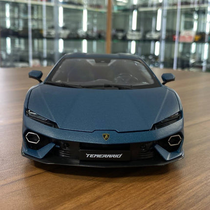 Bburago Lamborghini Temerario 2011 1/18 Matt Blue Diecast Model Car - studio product photo of the scale model