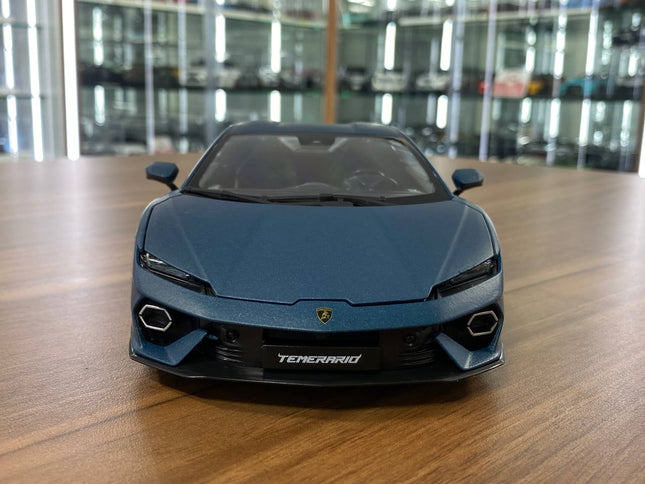 Bburago Lamborghini Temerario 2011 1/18 Matt Blue Diecast Model Car - studio product photo of the scale model