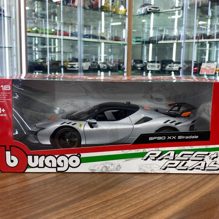 1/18 Metal Diecast Bburago Ferrari SF90 XX Stradale in Silver- Full Opening - showroom-quality model replica